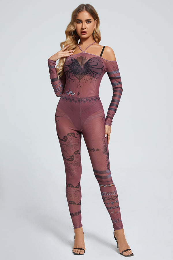 Mesh Print Camisole Bodysuit Pants Set