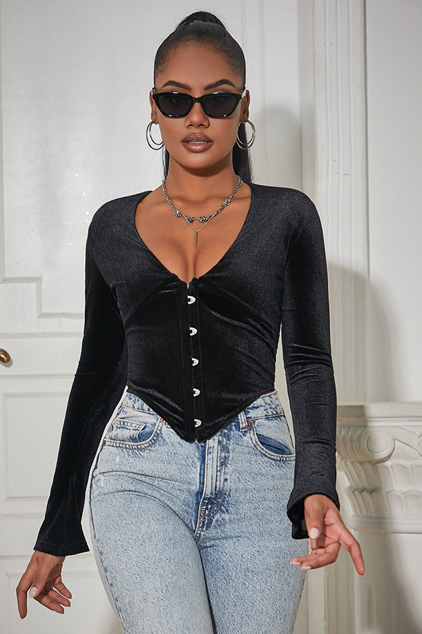 Velvet Finish Corset V Neck Top