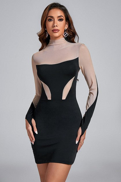 Mesh Spliced Long Sleeve Dress