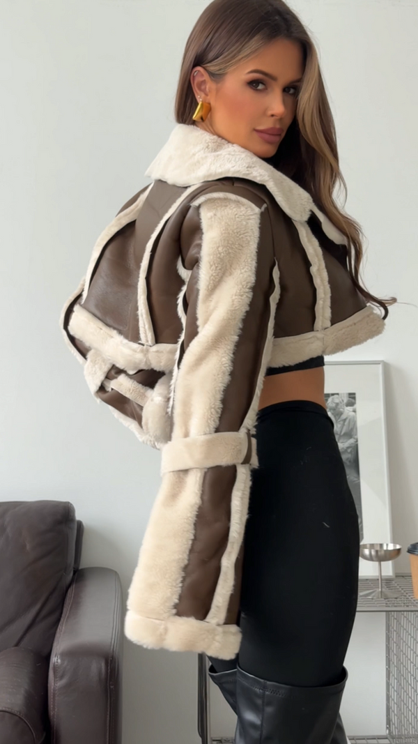 Fashionable short patchwork fur collar crop top