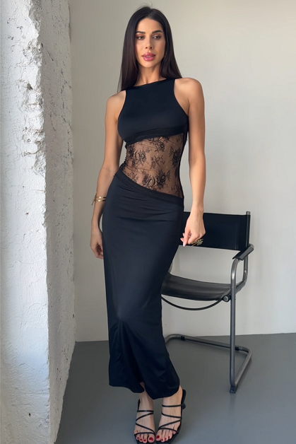 Cutout Backless Sleeveless Patchwork Lace Dress