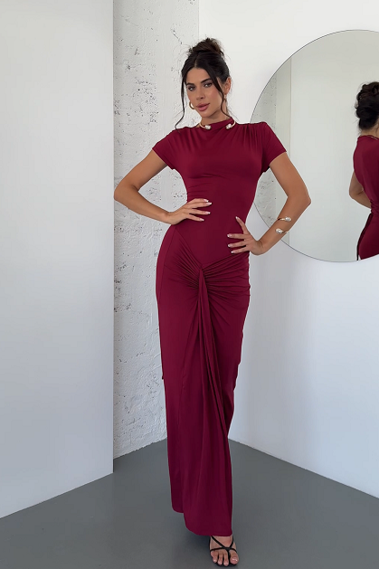 Fashionable pleated lace-up short-sleeved dress