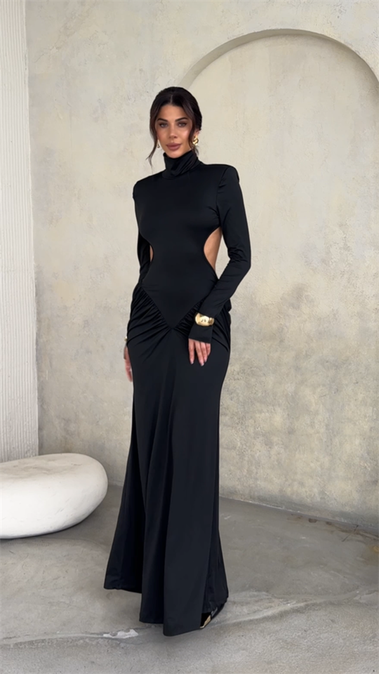 High Neck Slim Backless Solid Color Dress