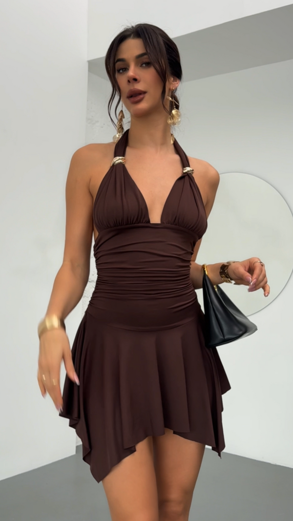 V-neck Halter Lace-Up Patchwork Pleated Dress