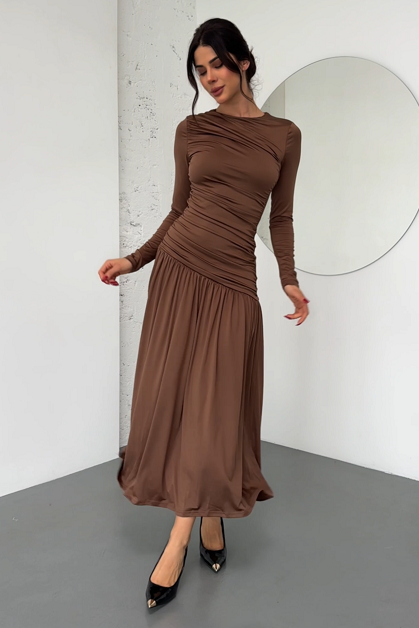 Fitted Pleated Round Neck Dress