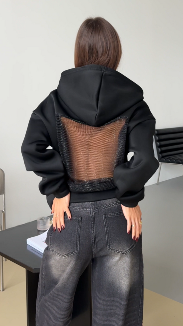 Fashionable and sexy see-through mesh stitching long-sleeved hooded sweater