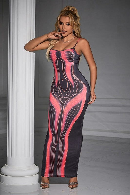 Halter Sheath Printed Low Waist Striped Long Dress