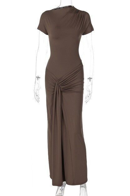 Fashionable pleated lace-up short-sleeved dress
