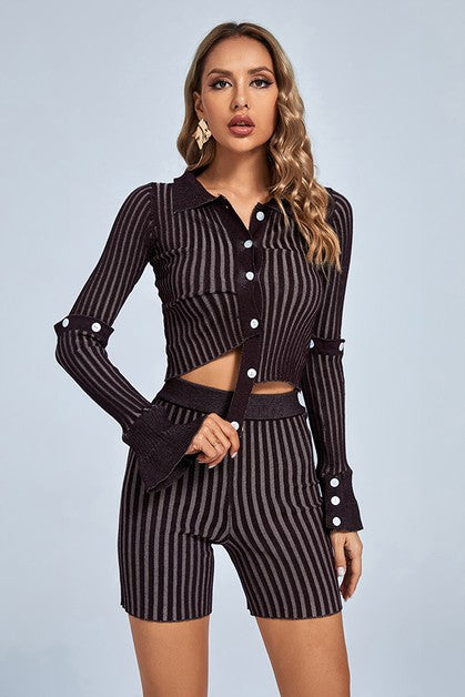 Striped Single-breasted tops Shorts Set