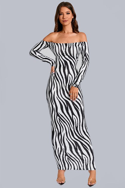 Zebra Printed Off Shoulder Dress