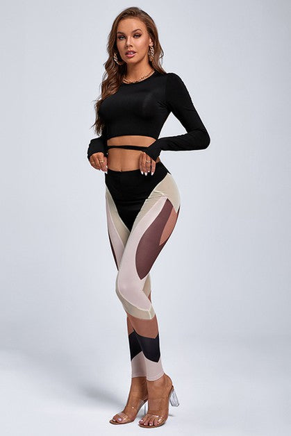 Printed Hollow-out Mesh Spliced Leggings