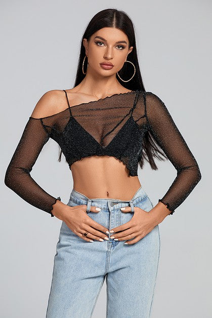 Inclined Shoulder Mesh See Through Tops