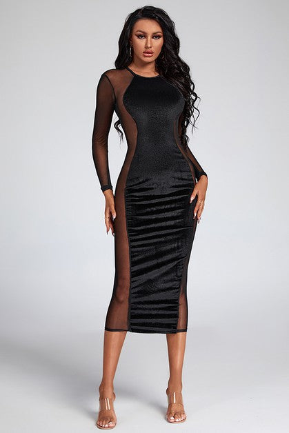 Velvet Mesh Spliced Long Sleeve Dress