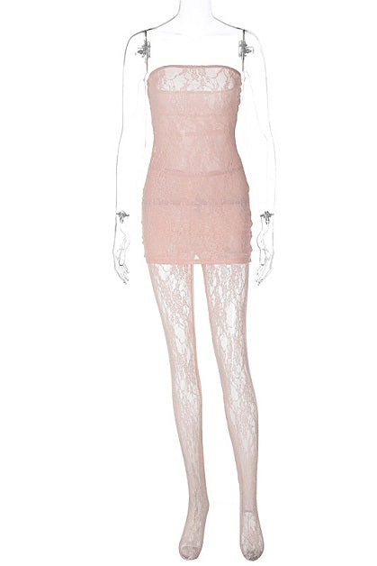 lace tube dress with stockings Lace Mesh Plain Tube Dress With Tights Two-Piece Set