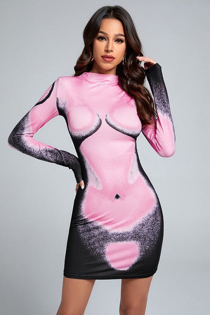 Printed Long Sleeve Bodycon Dress