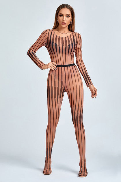 Printed Striped Mesh Bodysuit Pantsuits