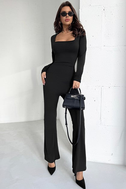 Square neck long sleeve flared pants yoga jumpsuit