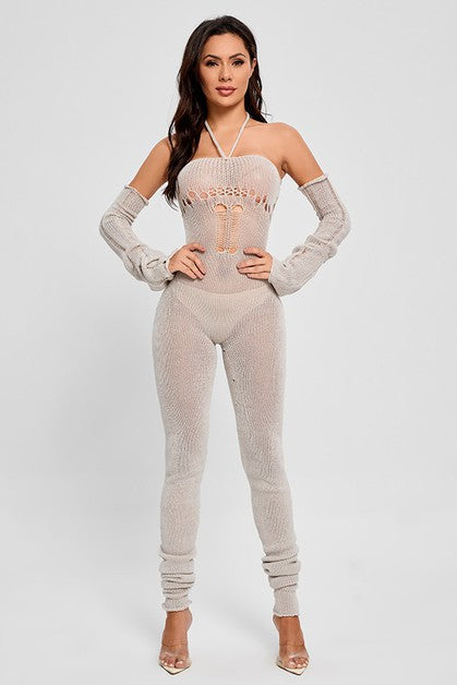 Woollen Hang-neck Hollow-out Jumpsuit