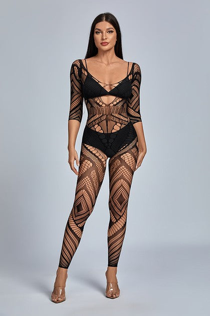 Hollow-out Mesh Long Sleeve Jumpsuit